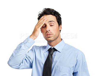 Buy stock photo Tired businessman, stress and hand on head on studio background in fatigue, sweating and mental health burnout. Exhausted corporate worker, employee and anxiety on white backdrop and finance mistake