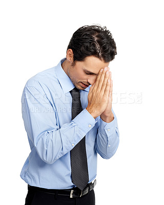 Buy stock photo Corporate businessman, praying hands or hope on studio background for new job opportunity, sales deal or promotion. Prayer, hand gesture or worker employee on mockup backdrop in worship for good luck