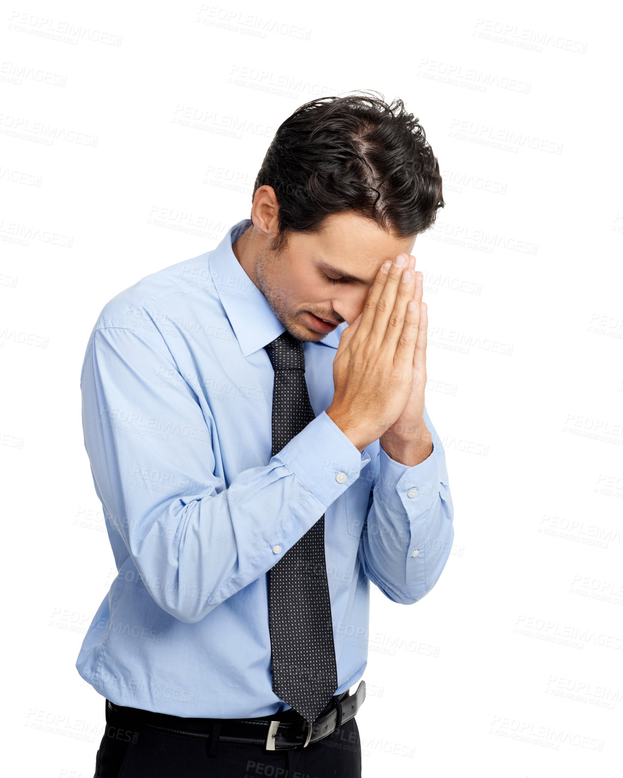 Buy stock photo Corporate businessman, praying hands or hope on studio background for new job opportunity, sales deal or promotion. Prayer, hand gesture or worker employee on mockup backdrop in worship for good luck