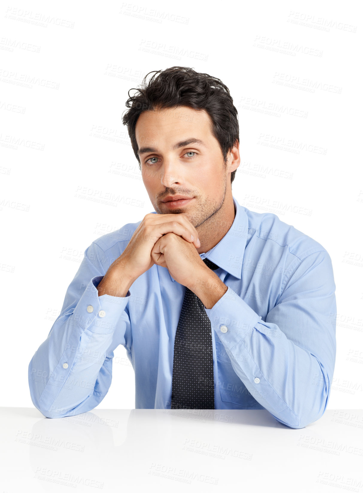 Buy stock photo Businessman, portrait and thinking in studio for mission, goal or planning on white background. Face, mindset and manager in office for management, problem solving and strategy while sitting at desk
