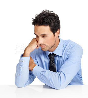 Buy stock photo Thinking businessman, sad or stress on studio background desk of financial mistake, bankruptcy anxiety or money laundering. Mental health, burnout or depression for corporate worker at mockup table