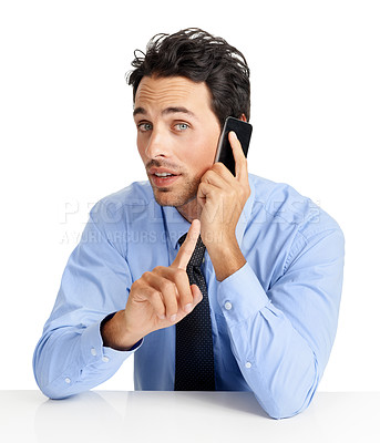 Buy stock photo Phone call, portrait and stop with a business man in studio isolated on a white background talking with a hand sign. Finance, contact and communication with a male employee chatting on a smartphone
