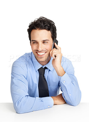 Buy stock photo Phone call, business and man on studio background for communication, negotiation and mobile networking. Male model, worker and talking on smartphone for corporate deal, stock market trading and sales