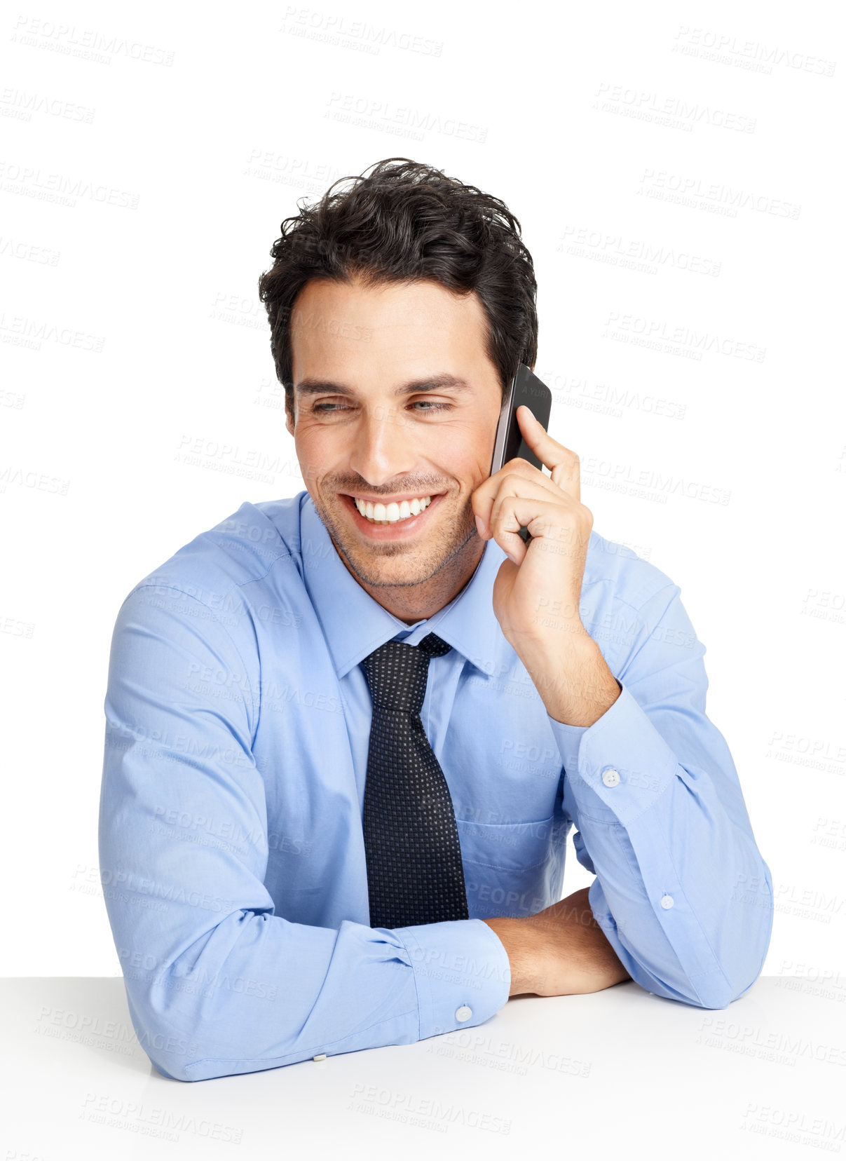 Buy stock photo Phone call, business and man on studio background for communication, negotiation and mobile networking. Male model, worker and talking on smartphone for corporate deal, stock market trading and sales