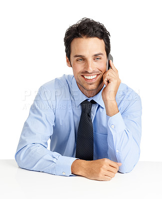 Buy stock photo Phone call, happy man and business networking on studio background for communication, negotiation and contact. Corporate worker, white background and mobile talking to investor, consultant or trading