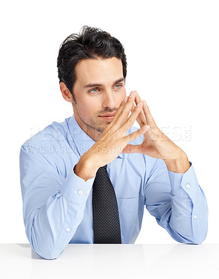 Buy stock photo Thinking, idea and businessman in studio contemplating, brainstorming or planning a project. Corporate, plan and pensive professional male employee being thoughtful on a proposal by white background.