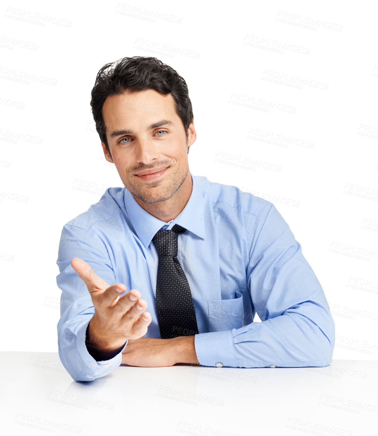 Buy stock photo Portrait, handshake and meeting with a business man in studio on a white background for recruitment or hiring. Interview, human resources and partnership with a male employee shaking hands in welcome