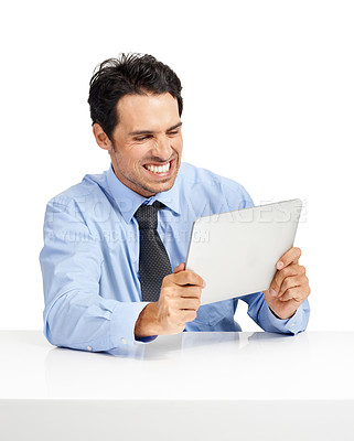 Buy stock photo Email, excited and businessman reading on tablet for work, communication and app. Website, contact and happy executive man with tech for connectivity, wifi and online news on a white background