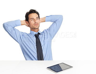 Buy stock photo Businessman, tablet and relax back at desk in studio for lunch break, nap or daydream after web planning, tech analysis or sales growth. Man, relax and thinking for website fintech startup strategy 