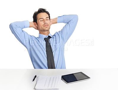 Buy stock photo Businessman, tablet and tired rest at desk in studio for lunch break, nap or daydream after accounting planning, finance analysis or sales growth. Man, relax and sleep for fintech startup strategy 