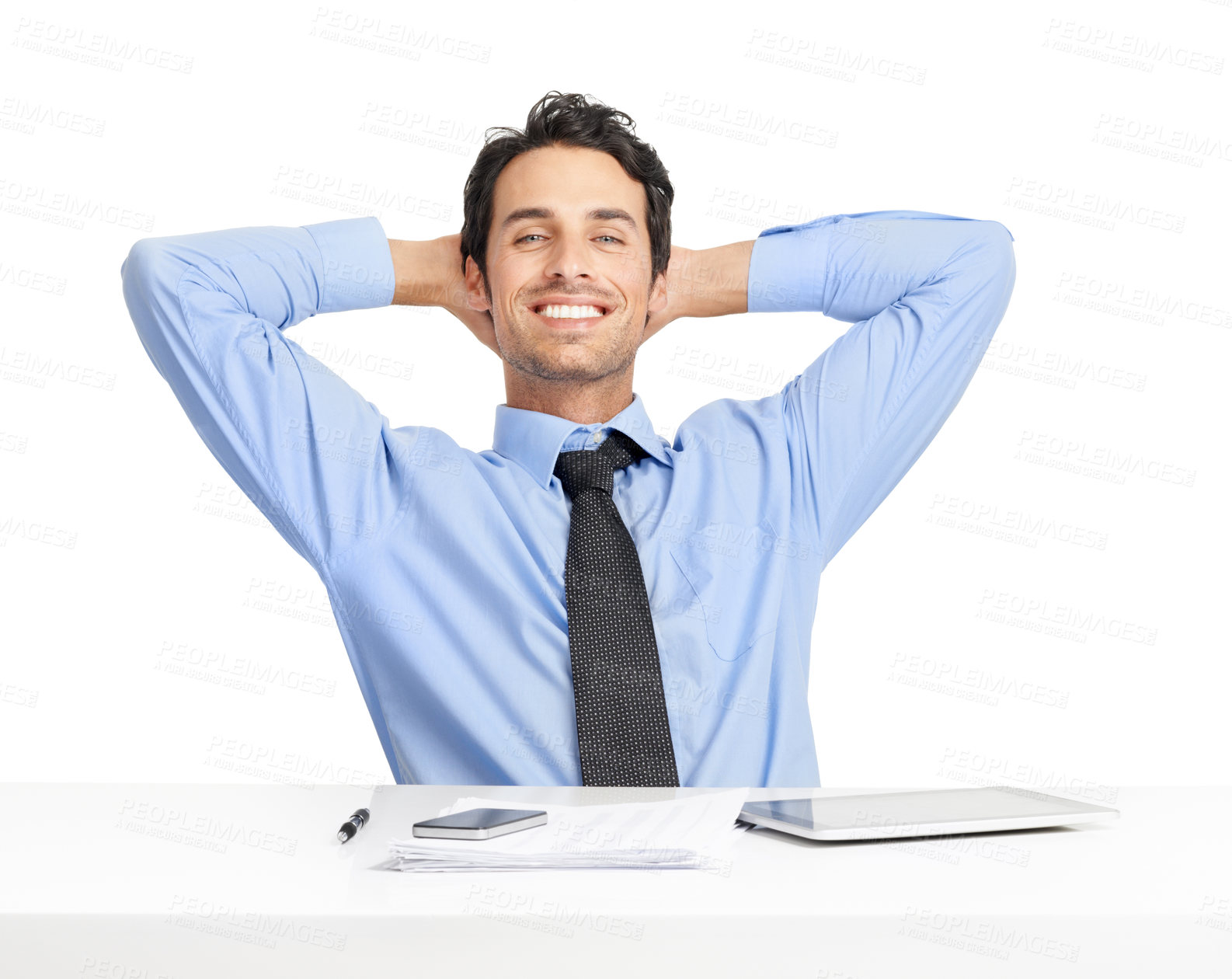Buy stock photo Businessman, portrait or hands behind head on studio background in complete finance task, relax or done. Smile, happy or corporate worker stretching in success by desk and fintech technology or paper