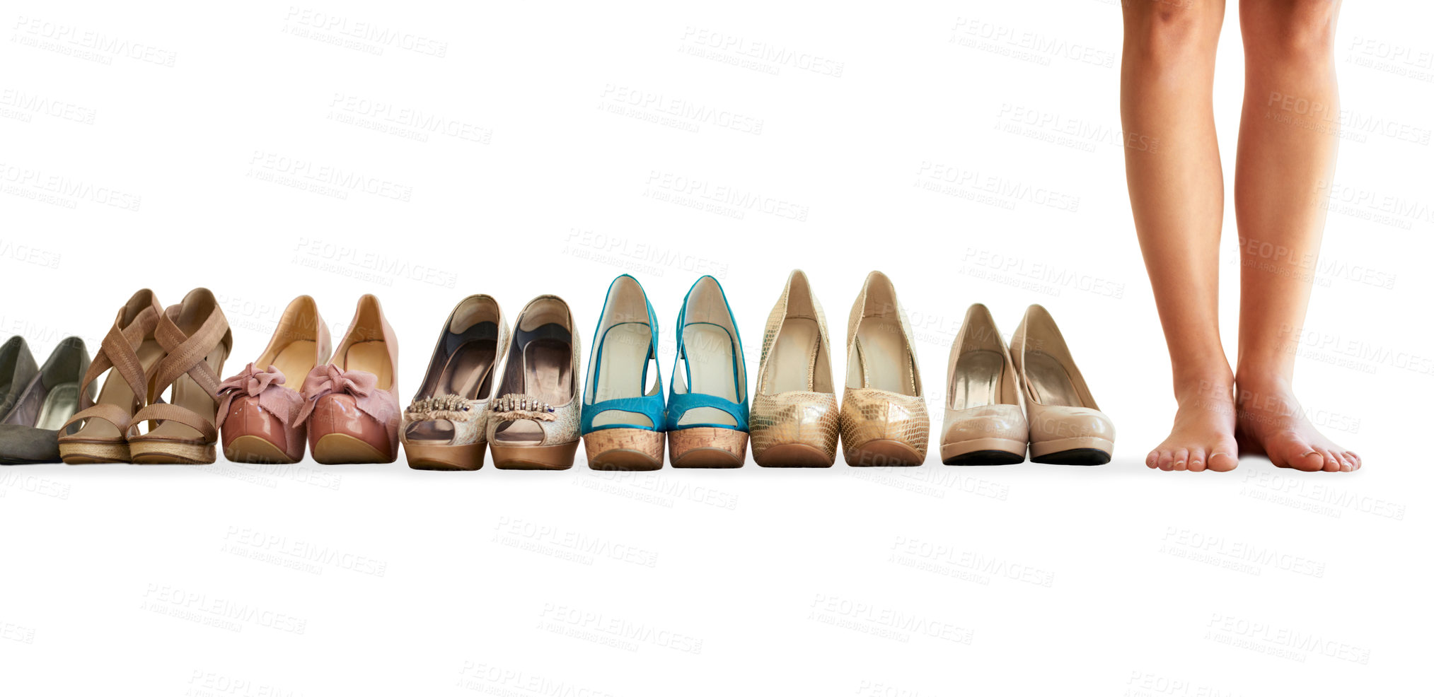 Buy stock photo Cropped image of a woman standing next to a row of shoes isolated on white