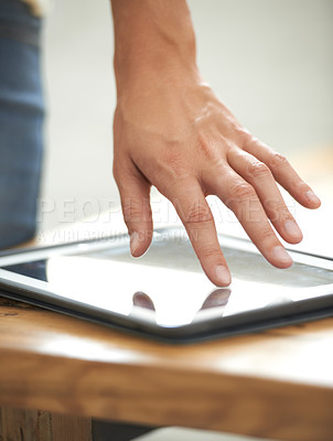 Buy stock photo Hand, businessman and tablet for email communication, working and touchscreen. Information technology, internet and wireless for connectivity, digital and office worker in workplace, surfing or web