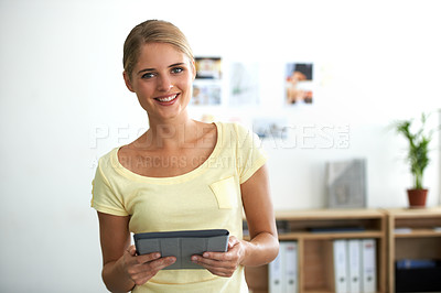 Buy stock photo Woman, portrait and tablet for online communication, working and touchscreen. Creative professional, internet and wireless for connectivity, digital and office worker in workplace, surfing or web
