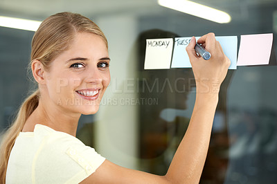 Buy stock photo Woman, planning and sticky notes on glass, calendar and smile for writing, creative and portrait. Presentation, strategy and office job for schedule, workplace and marketing agency report process