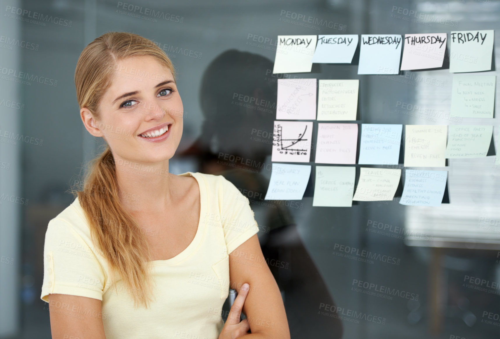 Buy stock photo Woman, planning and sticky notes on glass, graph and smile for seminar, creative and portrait. Presentation, strategy and office job for weekly schedule, workplace and financial audit report