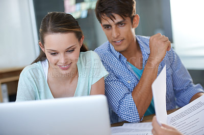 Buy stock photo Business people, teamwork and reading on laptop for meeting, office planning and collaboration or research. Young man, women or employees with documents, marketing and copywriting ideas on a computer