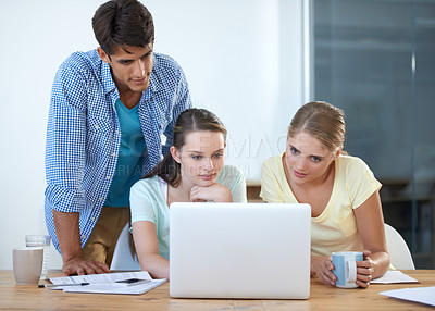Buy stock photo Business people, teamwork and computer for planning, marketing research and copywriting ideas. Manager support, professional women and creative writer with laptop for social media or startup meeting
