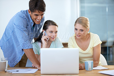 Buy stock photo Business people, teamwork and computer or phone call for planning, collaboration and creative agency management. Manager support, professional team or young writer on laptop and mobile for project