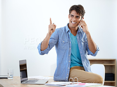 Buy stock photo Businessman, phone call and thinking with laptop for networking, communication or planning in office. Person, smartphone and pointing with technology for entrepreneur and discussion at workplace