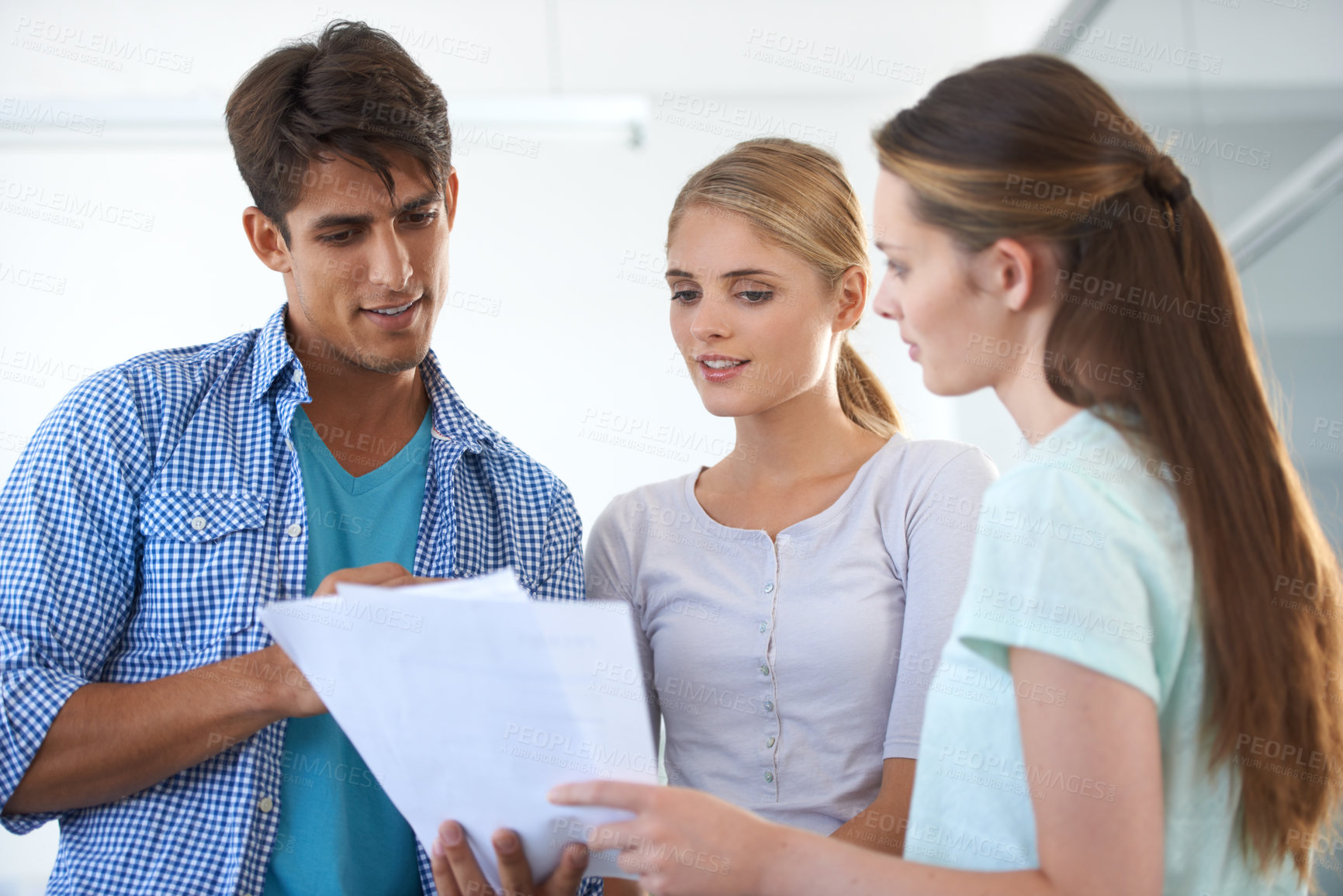 Buy stock photo Business people, reading documents and planning, teamwork or collaboration of marketing report or proposal. Manager or young women with paperwork of schedule, workflow management or creative analysis