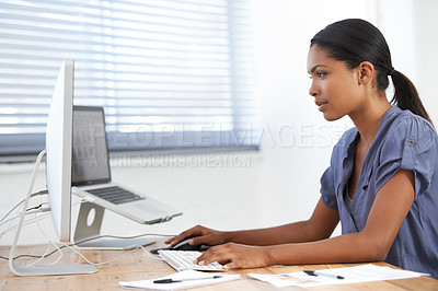 Buy stock photo Woman, computer and planning a proposal, office and online research or internet connection. Black female person, typing and networking or digital marketing, email and project or report on technology