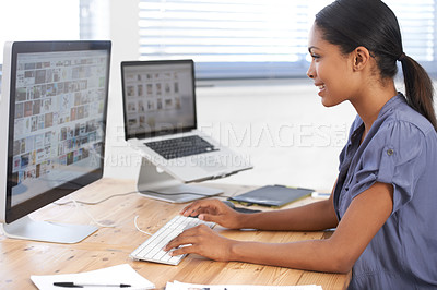 Buy stock photo Business woman, computer screen and social media planning, marketing and graphic design of digital project. Young online designer with images on desktop for catalog update or website asset management