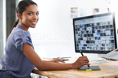 Buy stock photo Business, black woman or portrait and computer or screen by desk in office for creative design with smile. Designer, entrepreneur or person with technology or happy for project, research and planning