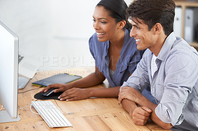 Buy stock photo Business people, teamwork and computer for office planning, marketing research and copywriting on website. Young employees, creative writer or manager reading online with social media collaboration