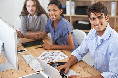 Buy stock photo Business people, laptop and smile in portrait, meeting and collaboration on project or proposal. Staff, technology and internet connection for online research or discussion, support and teamwork