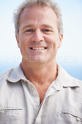 Buy stock photo Mature, man and happy portrait on holiday at beach with freedom, adventure or retirement. Smile, outdoor and face of senior person on vacation to relax on cruise with blue sky, background or closeup