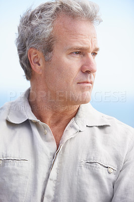 Buy stock photo Serious, old man and thinking outdoor in retirement with ideas for health, wellness and mindfulness. Mature, person and planning a decision for future in mockup space with blue sky and background