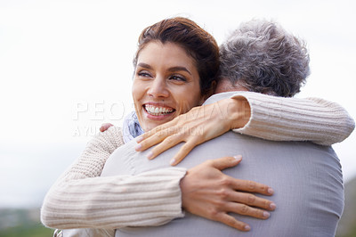 Buy stock photo Couple, face and laughing outdoor with hug for romance, love and relationship in nature with date. Mature, man and woman or embrace with happy, hugging and marriage for bonding, honeymoon or support 