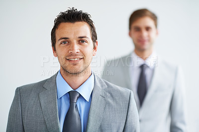 Buy stock photo Businessmen, portrait and leader for decision, smile and idea for future in finance career. Worker, corporate accountant in suit and professional in workplace, happy for financial strategy plan
