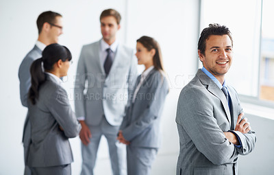 Buy stock photo Corporate team leader, arms crossed and portrait man, lawyer or boss with legal pride, law firm support or advocate advisor. Collaboration meeting, justice strategy and attorney for government job 