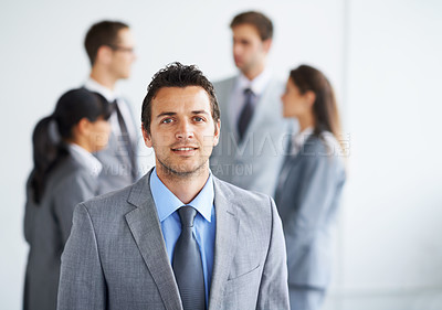 Buy stock photo Professional team, management and portrait man, lawyer or boss with legal company pride, law firm career or advocate advisor. Agency meeting, group leadership or office attorney for government job 