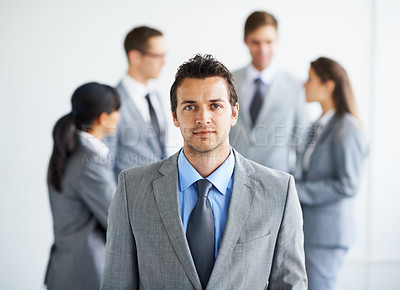 Buy stock photo Corporate people, leadership and portrait man, salesman or boss of group collaboration, management or bank consultant. Teamwork meeting, business leader and advisor commitment to planning development