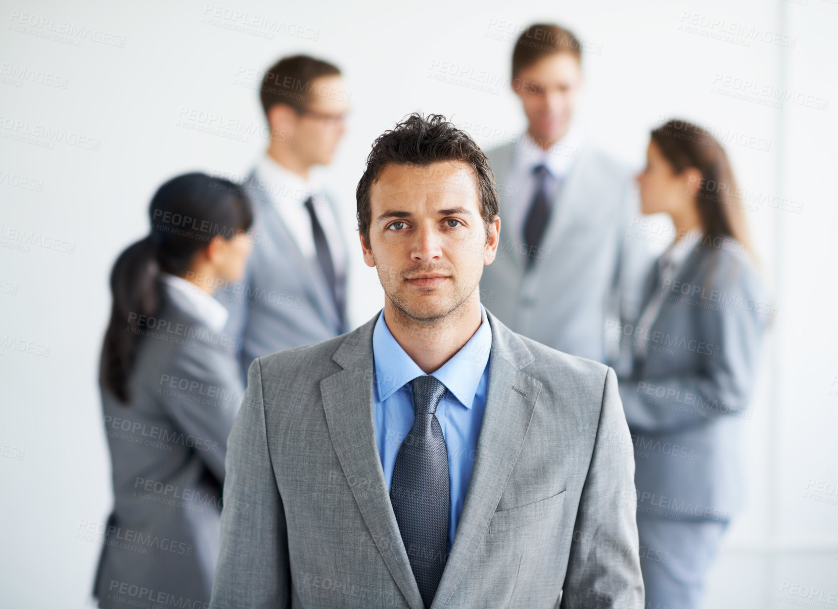 Buy stock photo Corporate people, leadership and portrait man, salesman or boss of group collaboration, management or bank consultant. Teamwork meeting, business leader and advisor commitment to planning development