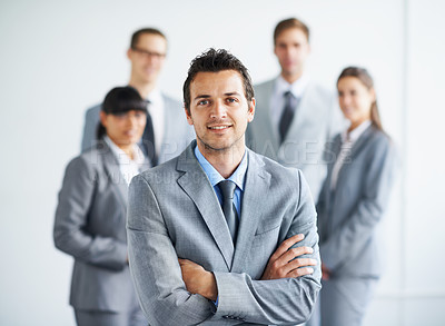 Buy stock photo Team leader happiness, arms crossed and business portrait man, lawyer or advocate legal pride, confidence or career experience. Group trust, boss and attorney happy for corporate community management