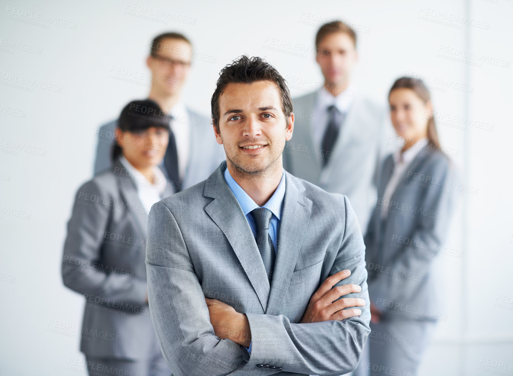 Buy stock photo Team leader happiness, arms crossed and business portrait man, lawyer or advocate legal pride, confidence or career experience. Group trust, boss and attorney happy for corporate community management