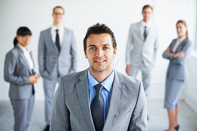Buy stock photo Team leader happiness, business and portrait man confidence, pride and professional workforce experience. Group trust, boss and staff happy for corporate community management, leadership and support
