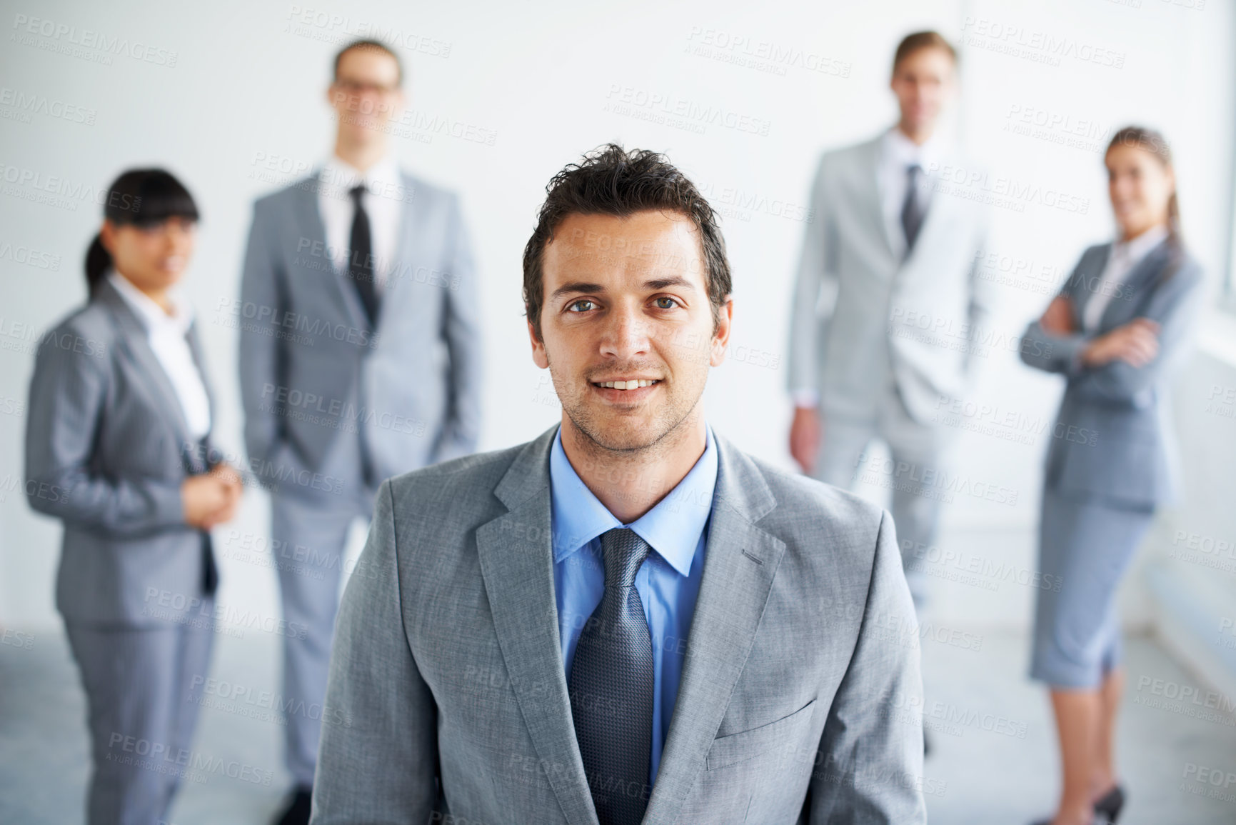 Buy stock photo Team leader happiness, business and portrait man confidence, pride and professional workforce experience. Group trust, boss and staff happy for corporate community management, leadership and support
