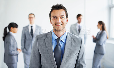Buy stock photo Team leader, corporate and portrait man, happy manager or group planning company enterprise, management or leadership. CEO trust, community meeting and boss happy for professional agency corporation