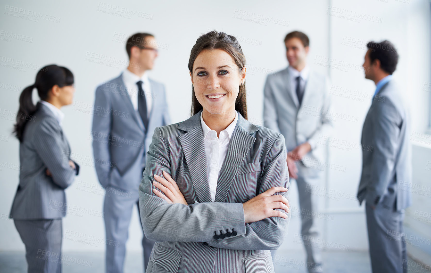 Buy stock photo Team leader, arms crossed or corporate portrait of happy woman, manager or group planning company enterprise. Confident CEO trust, female empowerment or boss smile for professional agency corporation