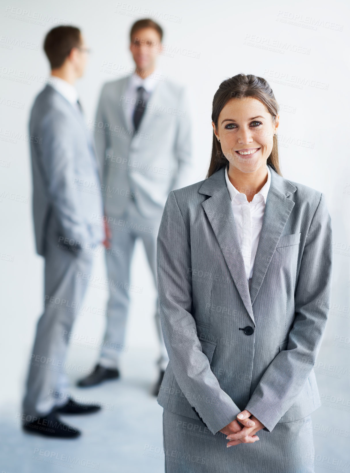 Buy stock photo Businesswoman, portrait and happy for future in law career, confident and ready for job. Worker, corporate attorney in suit and professional in workplace, colleagues and proud for company growth
