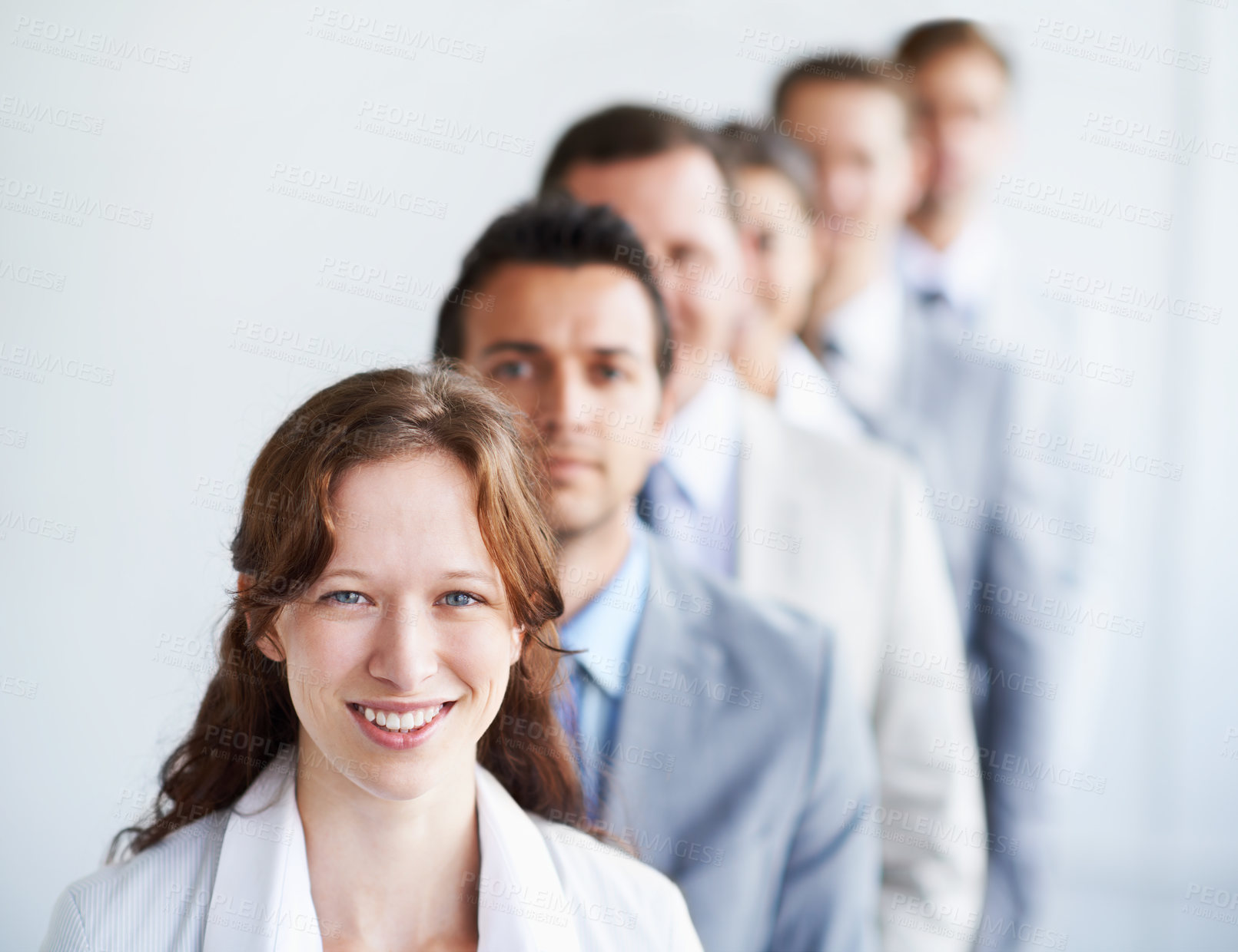 Buy stock photo Woman, portrait and leader for team finance career, standing and ready for job interview. Worker, corporate accountant in suit or professional in workplace, colleagues in office and confident