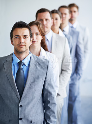 Buy stock photo Man, portrait and leadership for finance career, standing and ready for job interview. Worker, corporate accountant in suit and professional in workplace, people in office and confident boss