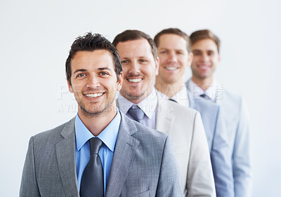 Buy stock photo Happy, portrait and business people in office line with teamwork, support or row of solidarity. Corporate, people and face of lawyer team together for partnership, commitment or startup success