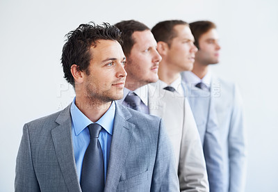 Buy stock photo Men, thinking and serious for job interview, hiring selection and ready for finance career. Worker, corporate accountant in suit and professional in workplace, people in background and confident
