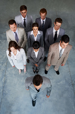 Buy stock photo Top view, group of business people or leadership of man walking in office, staff cooperation or collaboration. Above, serious team and professional corporate employees, lawyers or solidarity together